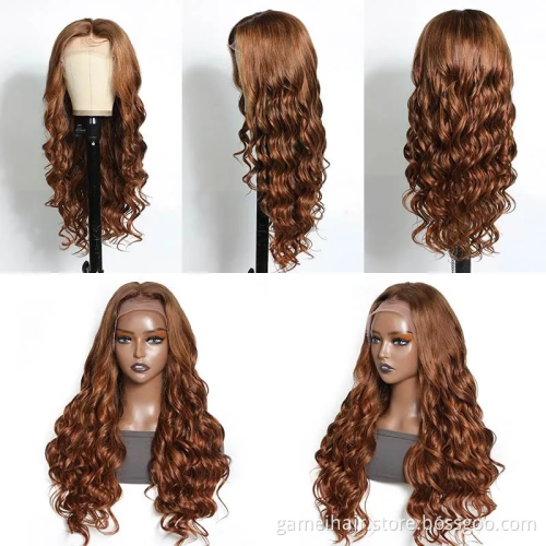 wholesale high quality natural brazilian Auburn Brown Hair Color closure Lace 100%  virgin transparent  body Wave human hair wig